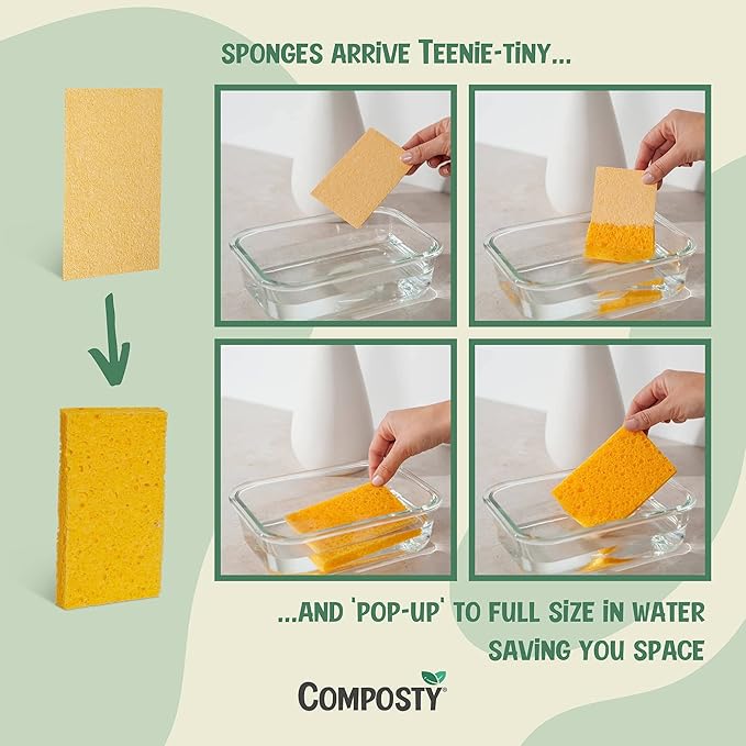 Pop-Up Compostable Sponges 12-Pack – Eco-Friendly Biodegradable Cellulose Kitchen Sponges (Plastic-Free, Non-Scratch, Compressed & Expanding) for Dishes, Kitchen & Bathroom by Award Winning Composty