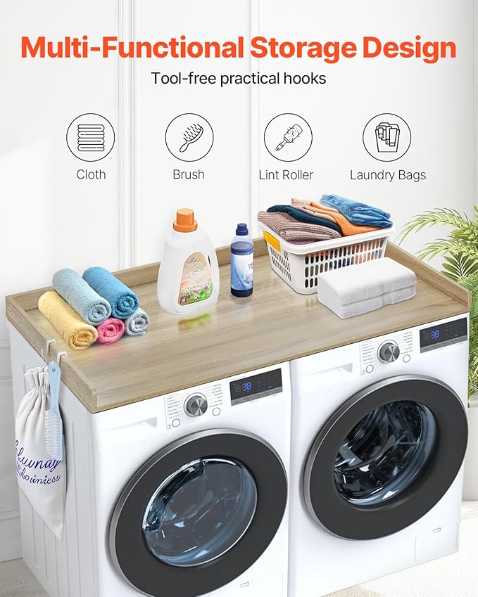 VEVOR Washer Dryer Countertop, 54" x 27" Wooden Washer and Dryer Countertop, Water-Resistant Laundry Machine Topper Cover with Anti-Slip Pads, for Laundry Room Organization and Storage, Oak