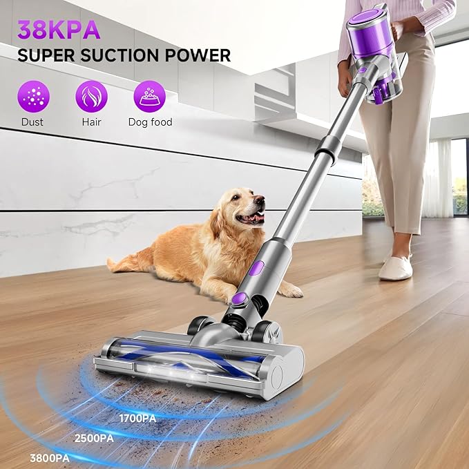 Cordless Vacuum Cleaner,55Mins/Powerful Vacuum Cleaners for Home,Stick Vacuums with 8 in 1,Touch Screen,LED Headlights, Anti-Tangle,Rechargeable,Lightweight for Carpet,Hard Floor, Pet Hair,Purple