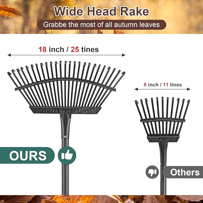 Metal Garden Rake, 6FT Rake for Leaves Lawns, 25 Metal Tines 18 inch Wide with Adjustable Handle Heavy Duty Yard Leaf Rakes for Gardening