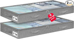 punemi 5 Inches High Low Profile Under Bed Storage Containers，No-Structure,Soft Fabric Zippered Underbed Storage bins for Clothes and Blankets— Fits Under Crib, Couch or Dorm bed,2-Pack,Grey