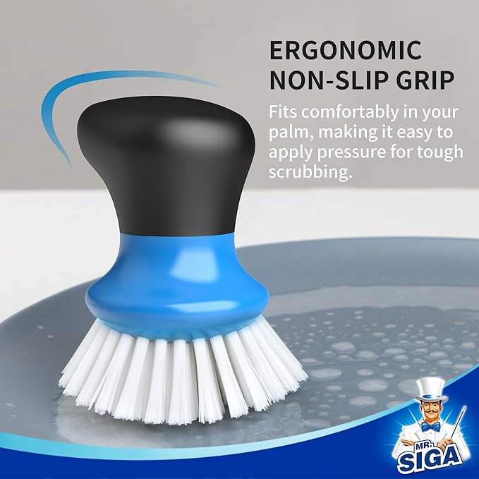 MR.SIGA Dish Scrub Brush, Palm Brush Dish Scrubber with Ergonomic Grip, Kitchen Brushes for Dishes, Blue, Pack of 2