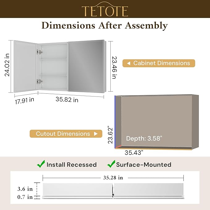 TETOTE 36 x 24 Medicine Cabinet with Tempered Beveled Mirror White Medicine Cabinet Mirror Aluminum Cabinet DTC Hinges, Stepless Adjustable Shelves, Recessed/Surface-Mounted