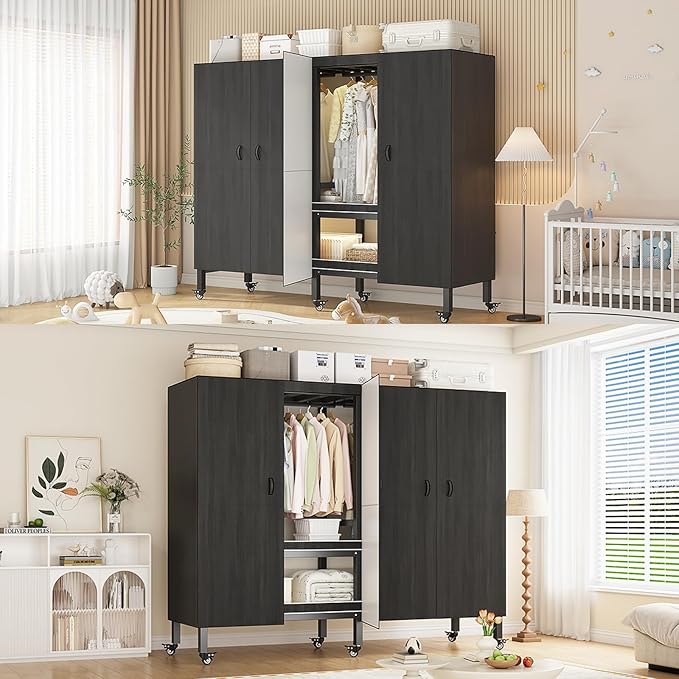 Heavy Duty Covered Clothes Rack with Magnetic Door Foldable Portable Wardrobe Closet for Hanging Clothing Rolling Black Metal Garment Rack on Wheels Closet System (Black, 65.9in)