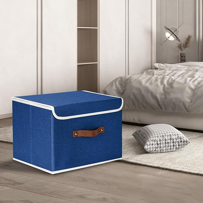 TYEERS Foldable Storage Boxes with Lids 5 Pack Fabric Storage Bins with Lids, Closet Organizers for Clothes Storage, Room Organization, Office Storage, Toys - Classic Blue