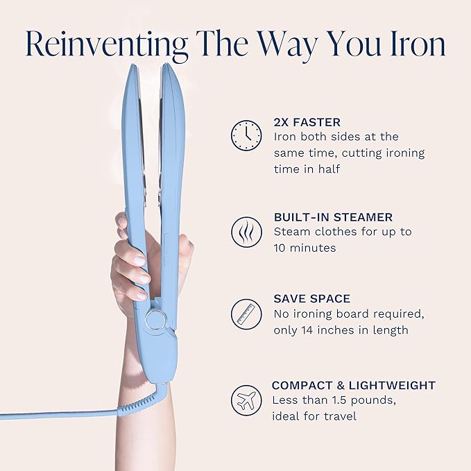 Nori Press Travel Steam Iron - Handheld Iron With Optional Steam Feature - No Ironing Board Required - Easy to Use w/ 6 Fabric Settings - Removes Wrinkles - User Manual Included -Blue