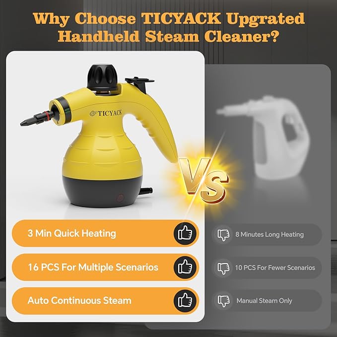 Steam Cleaner, Handheld Steam Cleaner for Home, 16-Piece Steam Cleaner Kit with Automatic Steam Switch, Steamer for Kitchen, Bathroom, Car, Living Room and Multi-Surface Deep Cleaning (Yellow)