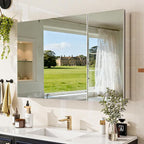 BEAUTYPEAK Bathroom Medicine Cabinet Mirror with Storage, 36 Inch x 26 Inch Silver Medicine Cabinet with Double Door & Adjustable Shelves for Vanity, Tempered, Aluminum Surface, Wall-mount or Recessed