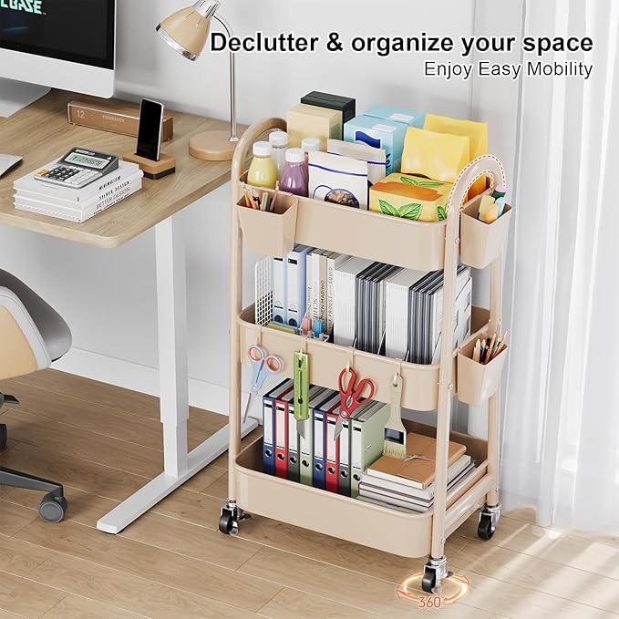 Khaki 3 Tier Rolling Cart Metal on Wheels, Three Tiered Storage Organizer Utility Trolley with Wheels for Art, Craft, Baby Diaper Caddy, Snack, Book, Nail, Lash, Cleaning Supplies, Kitchen, Bathroom