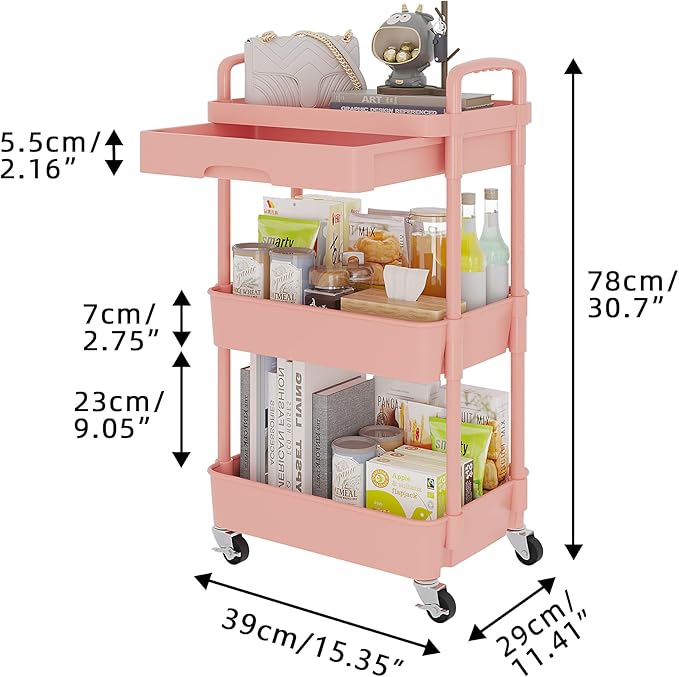 Calmootey 3-Tier Rolling Utility Cart with Drawer,Multifunctional Storage Organizer with Plastic Shelf & Metal Wheel,Storage Cart for Kitchen,Bathroom,Living Room,Office,Pink
