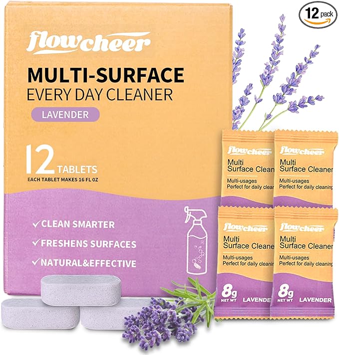 flowcheer Multi Surface Cleaner Refills -All Purpose Cleaning Tablets-Makes 192 fl oz(12 x 16 Fl oz) Bottles of Spray Cleaner for Household&Kitchen Cleaning-Lavender Scent(Not Included Bottles)