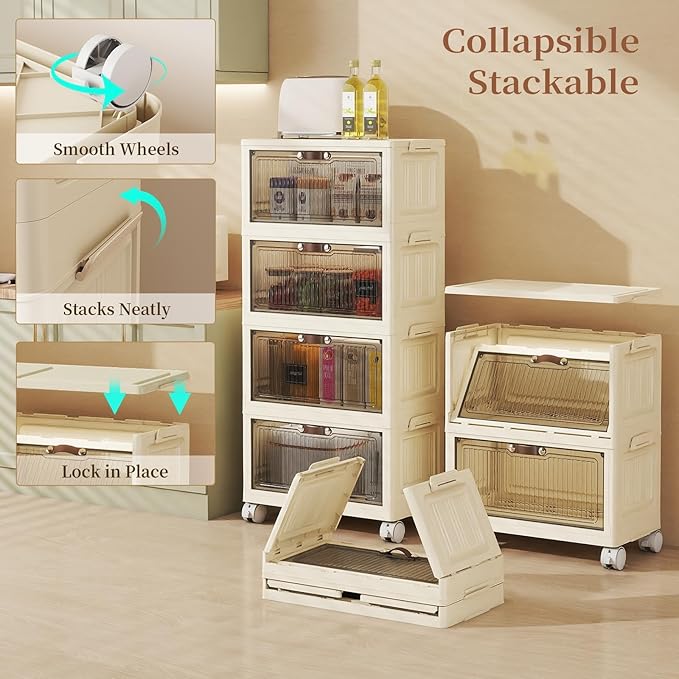 5 Tier - 48QT Storage Bins with Lids, Collapsible Storage Bins with Doors and Wheels, Plastic Storage Cabinet for Easy Storage and Organization for Living Room, Office