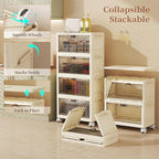 5 Tier - 48QT Storage Bins with Lids, Collapsible Storage Bins with Doors and Wheels, Plastic Storage Cabinet for Easy Storage and Organization for Living Room, Office