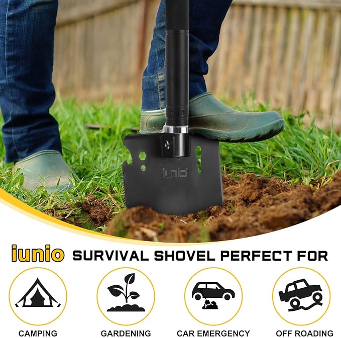 iunio Camping Shovel,Shovel Folding, Portable, Multitool, Foldable Entrenching Tool, Collapsible Spade, for Backpacking, Trenching, Hiking, Survival, Car Emergency