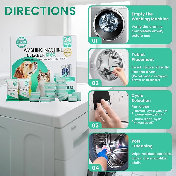 Upgrade Washing Machine Cleaner Tablets - 50% Stronger Formula: 24 Pack - 12 Month Supply, Specially for Pet Owners to Easy Pet Hair Remover for Laundry, Compatible with HE, Top & Front Load