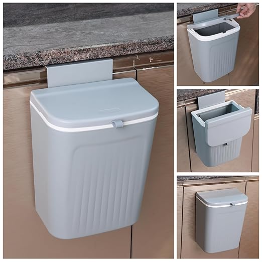 3.2 Gallon/12 L Kitchen Compost Bin for Counter Top/Under Sink, Hanging Small Trash Can with Lid for Cupboard/Bathroom/Bedroom/Office/Camping/RV, Odorless Food Waste Bin, Grey
