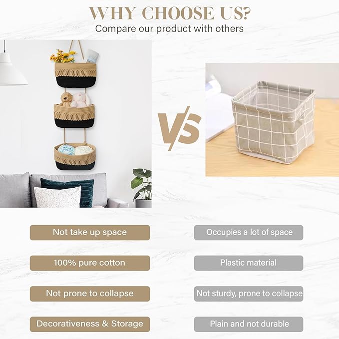 danpinera Over the Door Hanging Baskets for Organizing, 3-Tier Hanging Wall Basket for Storage, Woven Cotton Rope Baskets Storage Decorative for Nursery, Bedroom, Living Room, Kitchen, Jute & Black