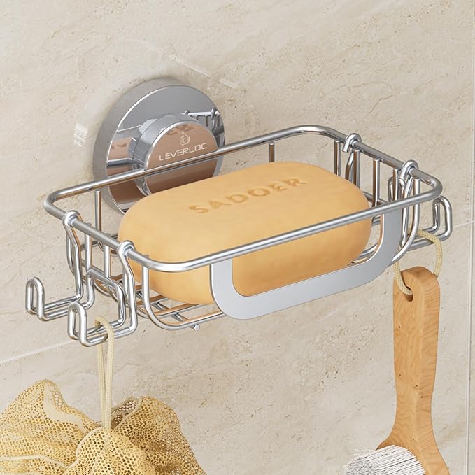 LEVERLOC Soap Holder Dish with Hooks for Shower, Bar Suction Cup Soap Tray Wall Mounted, Rustproof Stainless Steel No-Drilling Sponge Holder Caddy for Bathroom Bathtub Kitchen Sink, Silver