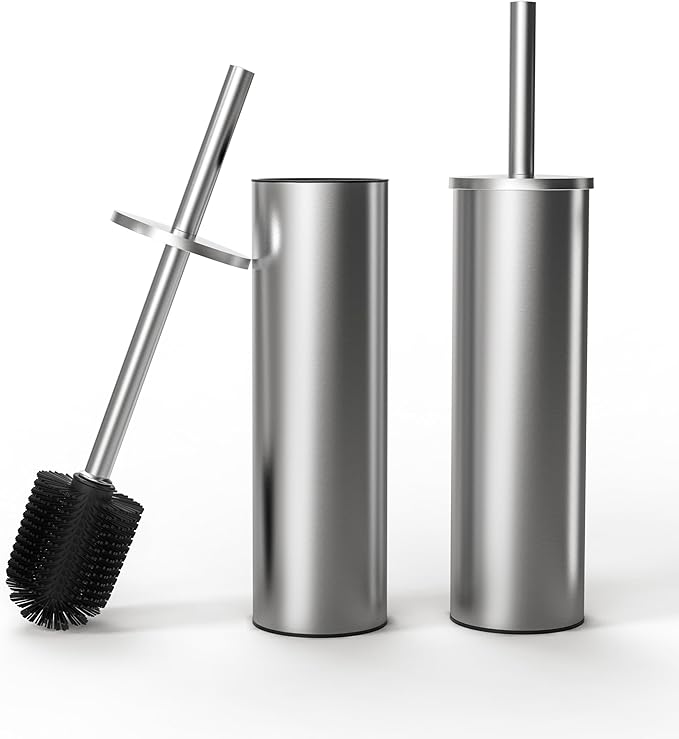 Toilet Brush and Holder Set, 2 Pack Stainless Steel Toilet Bowl Brush with Lid, Rust Proof Toilet Cleaner Brush with Caddy, Durable Bristles, Splash Proof, Ideal for Bathroom (Brushed Nickel)