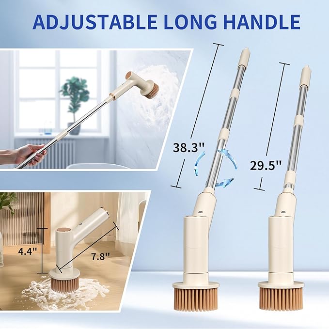 Electric Spin Scrubber, IPX5 Waterproof Bathroom Scrubber with 2 Speeds, Cordless Cleaning Brush with 7 Brush Heads, Adjustable Power Shower Scrubber for Tub Kitchen Floor Car Cleaning
