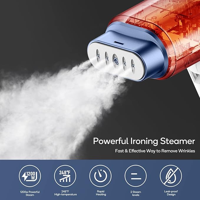 Newbealer Steamer for Clothes, 1200W Travel Steamer with Horizontal & Vertical Steaming, 2 Steam Levels, Dry Ironing, Foldable, 1.5lbs Lightly, 180ml Handheld Fabric Wrinkle Remover (120V Only)