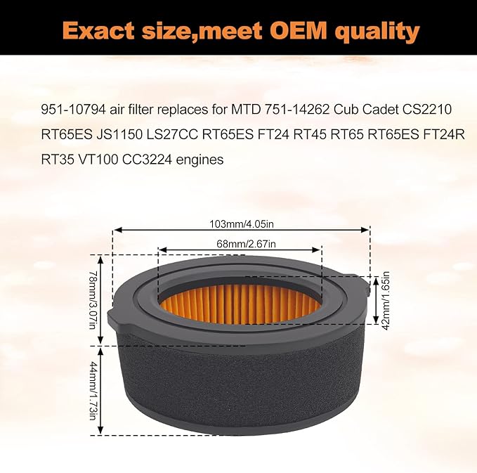 2PCS 951-10794 Air Filter Fit for 951-14262 751-10794 751-14262 for MTD Series 208 cc Troy-Bilt Premium OHV engine Yard Machine Outdoor Huskee Bolens Tillers Craftsman Lawn Mower with Pre-Filter