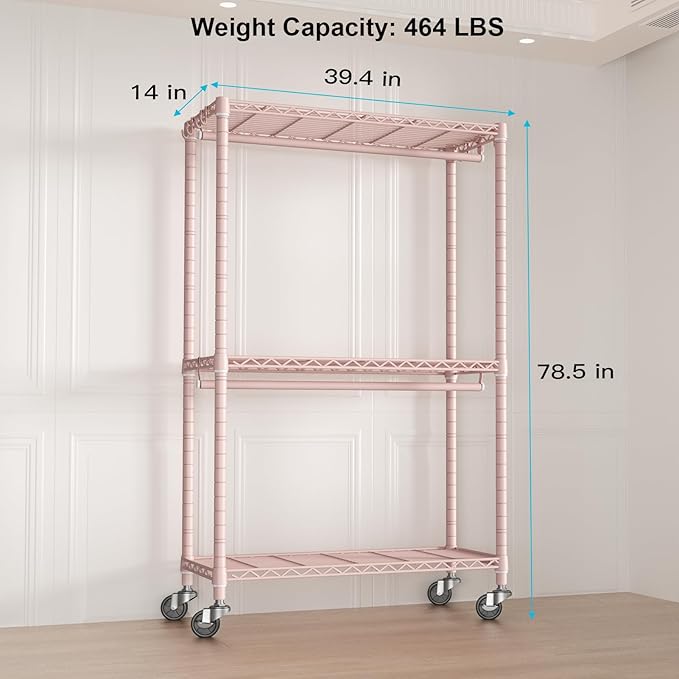 P3 Rolling Clothes Rack, Clothing Racks for Hanging Clothes, Heavy Duty Garment Rack with Wheels, Freestanding Portable Closet Organizer 39.4''W x 14''D x 78.5''H, Max Load 464 LBS, Pink