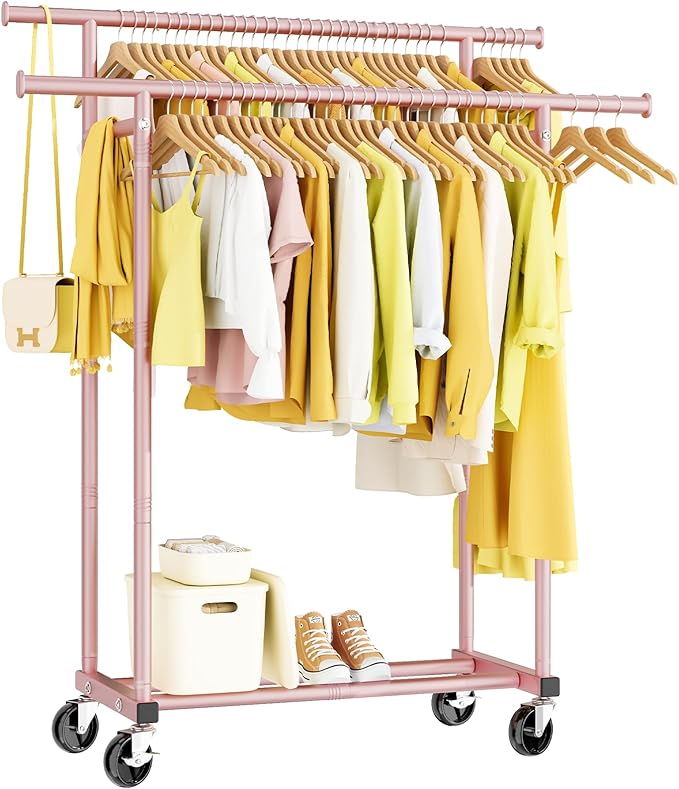 HYSEYY Double Rods Clothes Rack, Sturdy Rolling Clothing Rack, Portable Clothing Racks for Hanging Clothes - Metal Garment Rack Wardrobe Coat Rack for Bedroom Laundry Living Room, Pink