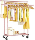 HYSEYY Double Rods Clothes Rack, Sturdy Rolling Clothing Rack, Portable Clothing Racks for Hanging Clothes - Metal Garment Rack Wardrobe Coat Rack for Bedroom Laundry Living Room, Pink
