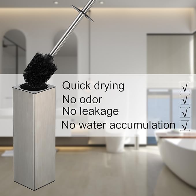 BGL Square Toilet Brush with Holder,Stainless Steel Rubber Painted Toilet Bowl Brush and Holder for Bathroom,2 Cleaner Brush Heads,Brushed Nickel