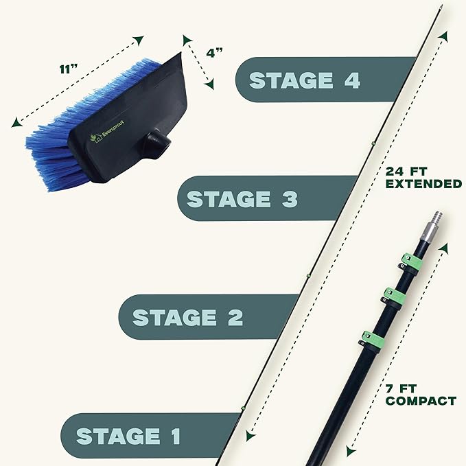 EVERSPROUT 7-to-24 Foot Scrub Brush (30 Foot Reach) | Built-in Rubber Bumper | Heavy-Duty Extension Pole Handle | Soft Bristles wash Car, RV, Boat, Solar Panel, Deck, Floor | Bumper Prevents Scratch