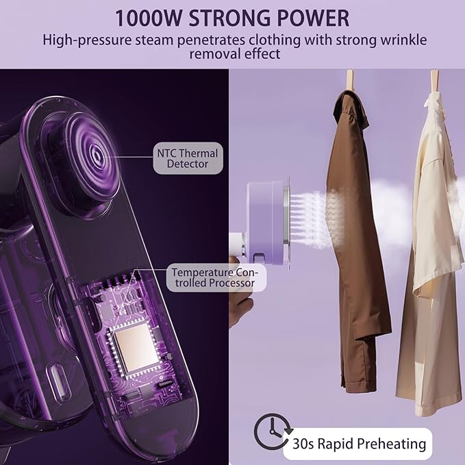 Travel Steam Iron, 180 °Rotating Handle Foldable Hanging Ironing Machine, Portable Mini Dual-Purpose Steam Iron for Both Dry and Wet Use, Essential for School Dormitories & Business Trips (Purple)