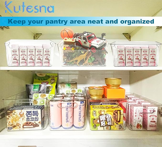 6 PCS Clear Plastic Storage Bins, 2-Sizes Stackable Storage Containers, Pantry Organizers and Storage with Handles, Perfect for Bathroom,Cabinet,Cupboard,Kitchen,Fridge,Closet Organization