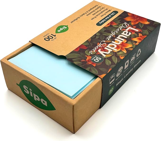 SIPA Laundry Detergent Sheets - 50 Sheets, 100 Loads, Lily of the Valley, Eco-Friendly, Phosphorus-Free