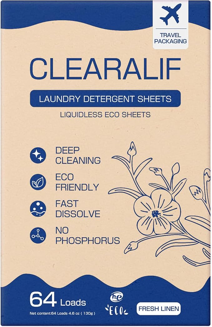 CLEARALIF Laundry Detergent Sheets, Fresh Linen, 64 Load, CLEARALIF Laundry Detergent Strips Eco Friendly & Hypoallergenic