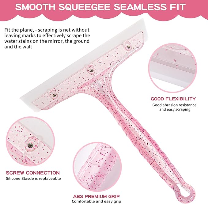Shower Squeegee for Glass Doors, Bathroom Squeegee for Shower, Window Squeegee - Pink Comb and Squeegee Set for Hair Care and Glass Cleaning, by LTLUTU