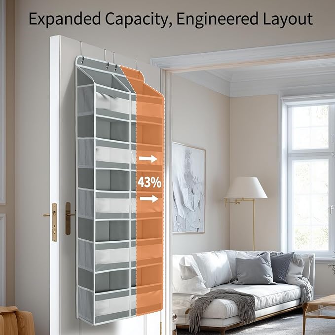Yecaye 5-Tier Over The Door Organizer Dual-Column, 80lbs Load Extra Large Over the Door Storage of 10 Compartments, Heavy Duty Door Organizer Hanging for Bedroom Closet Nursery Bathroom Pantry, Gray