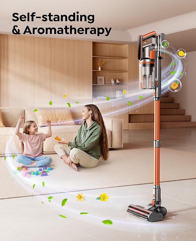 Cordless Vacuum Cleaner, 600W/50KPa/65Min Runtime Stick Vacuum with 3.3Ft Hose, Wall Mount Charging, Auto Mode, Touchscreen, Self-Standing Vacuum Cleaner for Home/Pet Hair/Carpet/Car, Fragrance