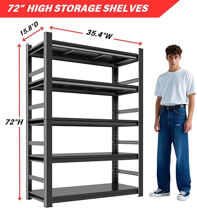 Kitchen Shelves Heavy Duty 5-Tier Storage Shelving, Adjustable Metal Pantry Shelf, 3000 LBS Capacity, Free Standing Kitchen Shelf Organizer, 72" H x 35.4" W x 15.8" D, Black