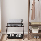 Smuxee Brown Bamboo Luggage Rack for Guest Room, Foldable Suitcase Stand with Storage Shelf, Easily Assembled Luggage Stand with 5 Nylon Straps for Guest Room Bedroom Hotel