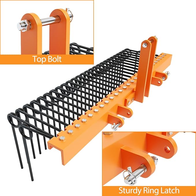 60" 3-Point Tractor Landscape Rake, Pine Straw & Yard Waste Cleaner, Cat 0/1 Hitch Compatible, Powder Coated Steel Blades, Orange