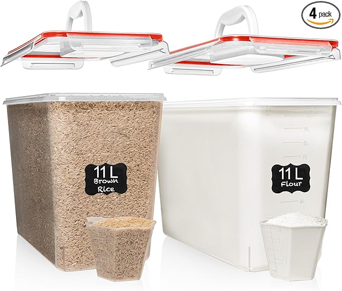 Shazo 2 PC (11L | 372 oz) Flour Sugar Storage Containers with Easy Carry Handle - Plastic Extra Large Food Storage Containers with Lids for Rice Cereal, BPA Free & Airtight Kitchen Pantry Organization