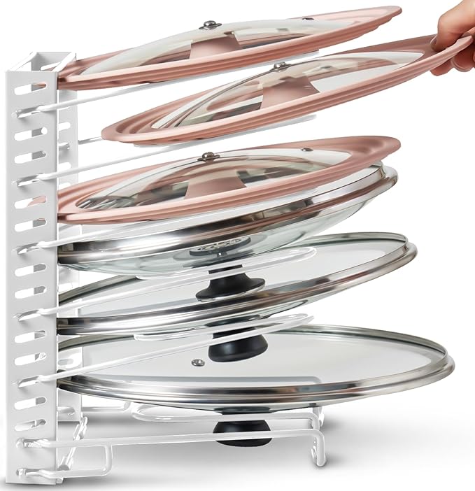 BTH Adjustable Pot Lid Organizer for Cabinet - Kitchen Storage Rack 6 Adjustable Shelves, Pot Lid Holder, Pan and Pot Rack Organizer, Pantry & Inside Cabinet Organizer (13” Clearance)