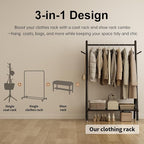 Muwuele Solid Wood Clothing Rack, Rolling Clothes Rack for Hanging Clothes, Garment Rack with Shelves Load 350 Lbs, Portable Closet Organizer on Wheels for Hanging Clothes (Black)