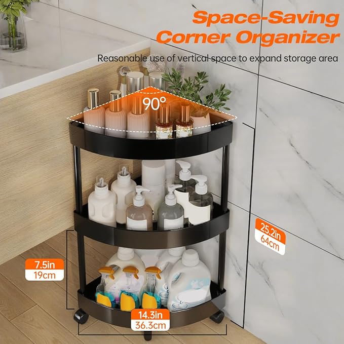 Rolling Cart with Wheels 3 Tier Bathroom Organizer Mobile Shelving Unit Utility Cart Tower Rack Multifunction Utility Storage carts, Kitchen Storage Organizer for Kitchen Laundry Narrow Places, black