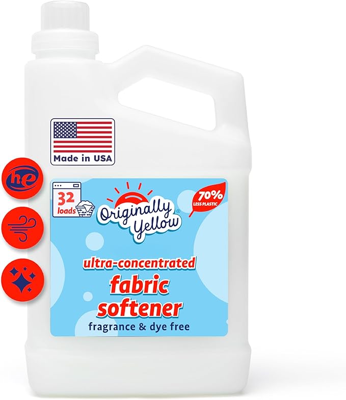 Originally Yellow Plant Based Fabric Softener | Fragrance & Dye-Free Laundry Softener Helps Remove Static & Wrinkles | High-Efficiency, Ultra-Concentrated Liquid Fabric Softener | 32 Oz