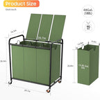 180L (47.55 Gal) Laundry Sorter 3 Section, Rolling Laundry Basket with Lockable Wheels and Lid, Laundry Hamper with 3 Separated Removable Bags Dirty Clothes Hamper for Laundry Room Organizer, Green