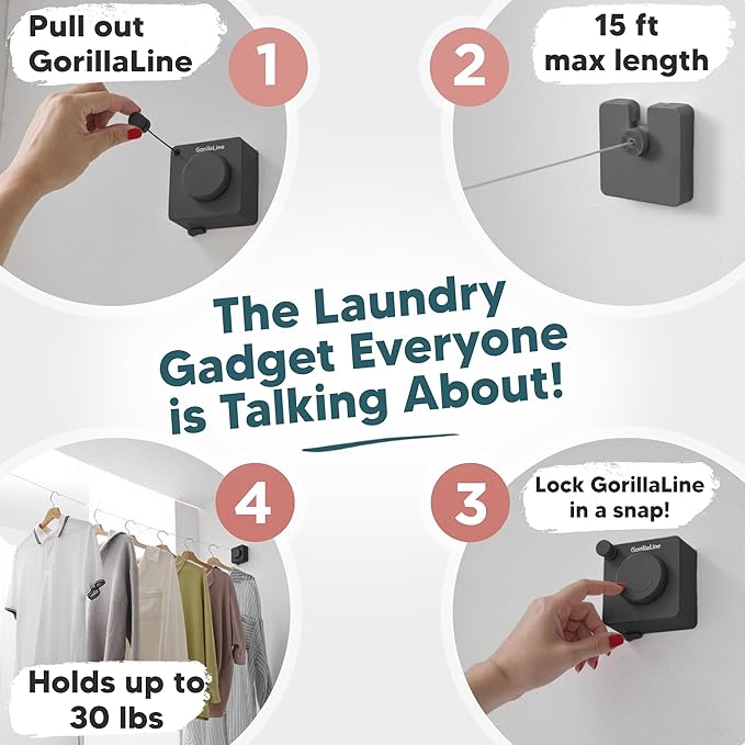 GorillaLine Basic - Retractable Clothesline Indoor Outdoor Clothes Line - Heavy Duty Clothes Drying Laundry Line - Wall Mounted Drying Rack - Air Dry Clothing - 15ft line Max Tighten with GorillaGrip