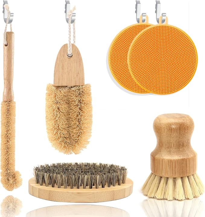 ECO Friendly Kitchen Cleaning Set, Wood & Bamboo Brushes for Dishes, Pots, Pans & Vegetables