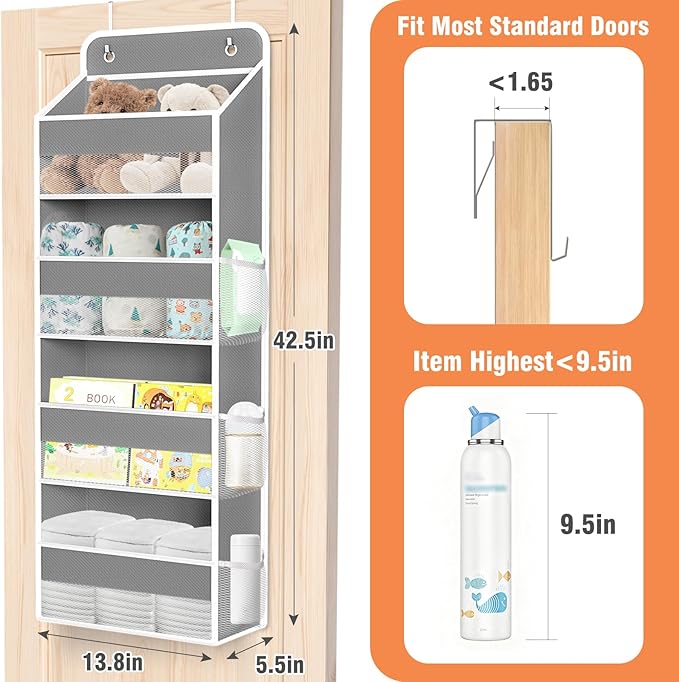 WISELIFE Over the Door Organizer - 4 Shelves Large Capacity Hanging Bedroom Storage Solution with 6 Side Pockets for Dorm Bathroom Pantry Nursery and Baby Essentials Holds up to 40 lbs (Grey)
